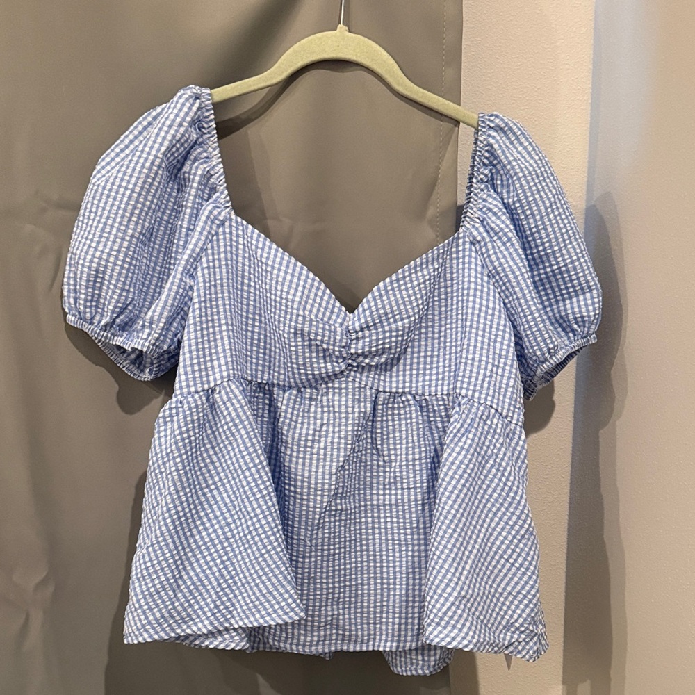 Light Blue Gingham Puff-Sleeve Peplum Blouse